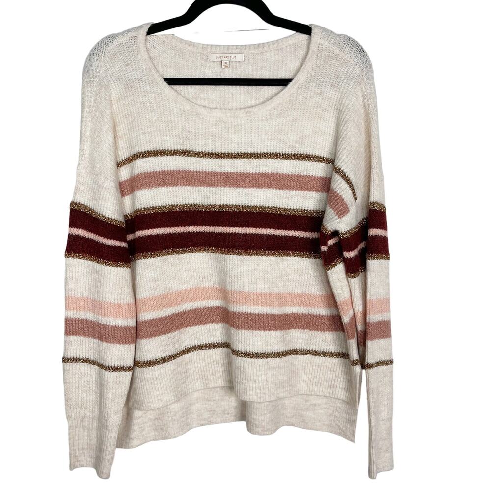 New Skies Are Blue XSmall XS Cream Red Pink Cozy Striped Sweater Round Neck